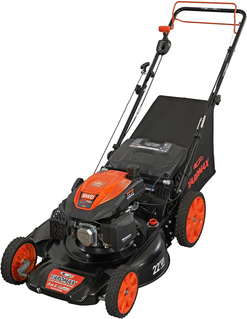 YARDMAX 22 in. 201cc Select PACE 6 Speed CVT High Wheel RWD 3-in-1 Gas Walk Behind Self Propelled Lawn Mower, Black