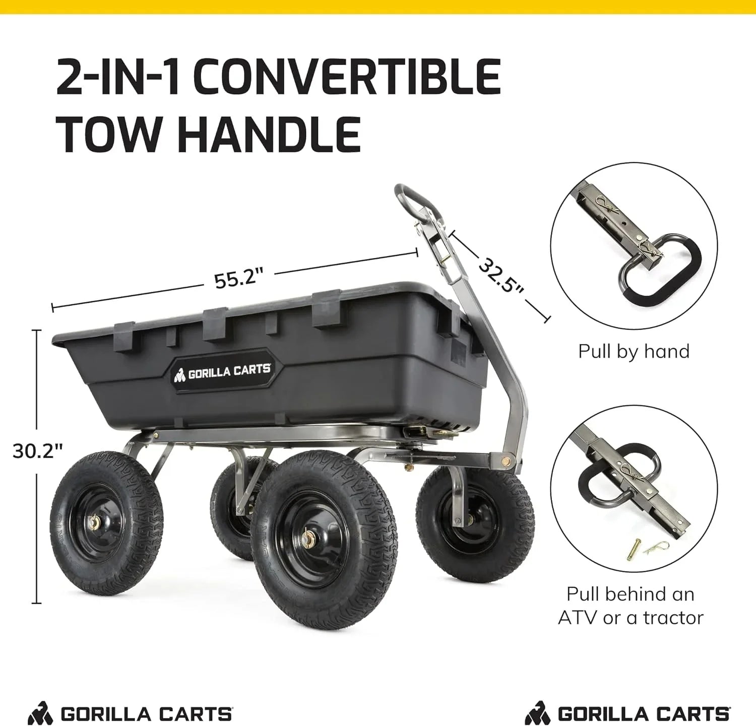 Heavy Duty Poly Utility Dump Wagon Garden Cart w/Pneumatic Tires, 6 Cu Ft - 1200 lb Capacity Outdoor Wheelbarrow for Yard, Landscaping & Gardening, Lawn Tractor or ATV Towable-Gorilla Carts