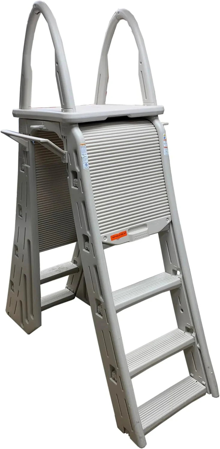 Confer Plastics 7200 Roll Guard 48 to 56 Adjustable A Frame Safety Ladder for Above Ground Outdoor Patio Swimming Pool Platform Ladder with Step Barrier, Warm Grey…