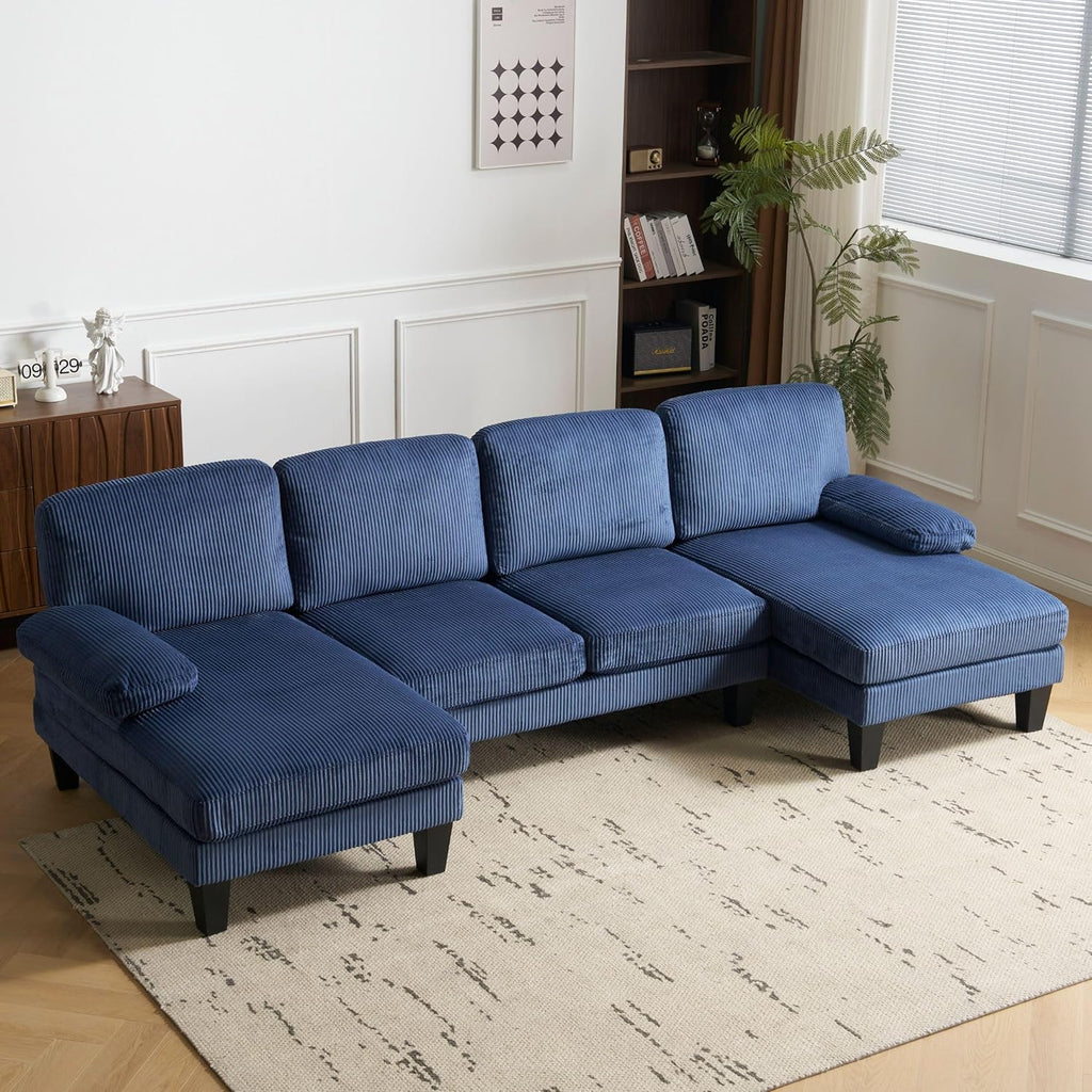 VINGLI 110 Sectional Couches for Living Room,U Shaped Couch with Double Chaise, 4-Seat Sofa Set with Chenille Fabric for Home Furniture,Beige