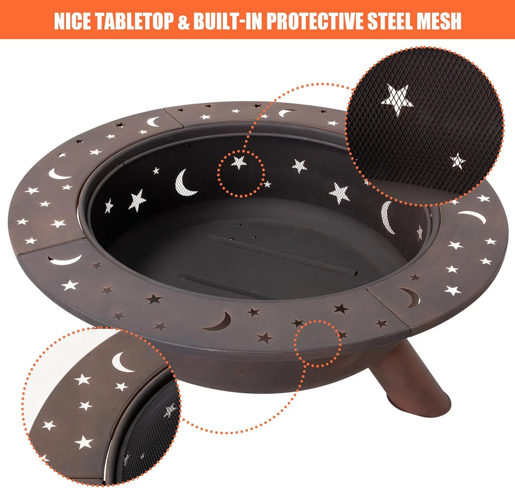 SUNCREAT 42” Patio Fire Pit Wood Burning with Mesh Spark Screen, Bonfire Outdoor firepit with Fireplace Poker, Black