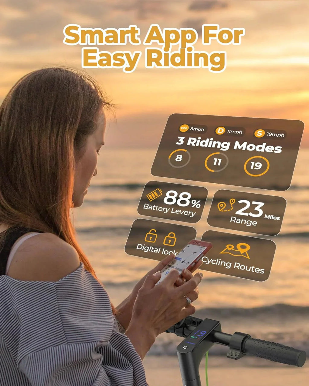 Electric Scooter - 8.5 Solid Tires, 350W Motor, Up to 19 MPH and 21-23 Miles Long-Range Portable Foldable Commuting Scooter for Adults with Double Braking System and App