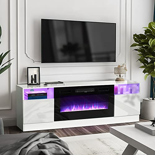 Oneinmil Fireplace TV Stand with 36 Electric Fireplace, LED Light Entertainment Center, Modern Wood, White