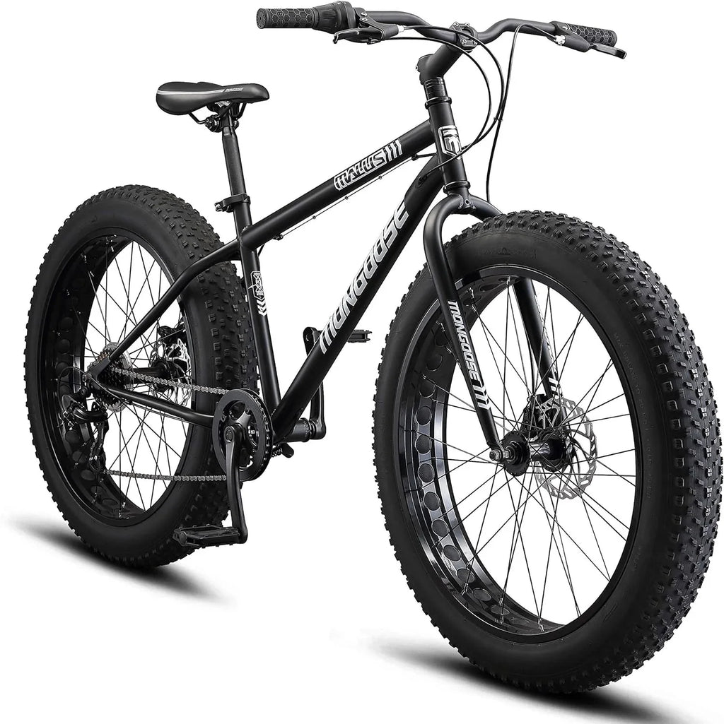 Malus Mens and Women Fat Tire Mountain Bike, 26-Inch Bicycle Wheels, 4-Inch Wide Knobby Tires, Steel Frame, 7 Speed Drivetrain, Shimano Rear Derailleur, Disc Brakes