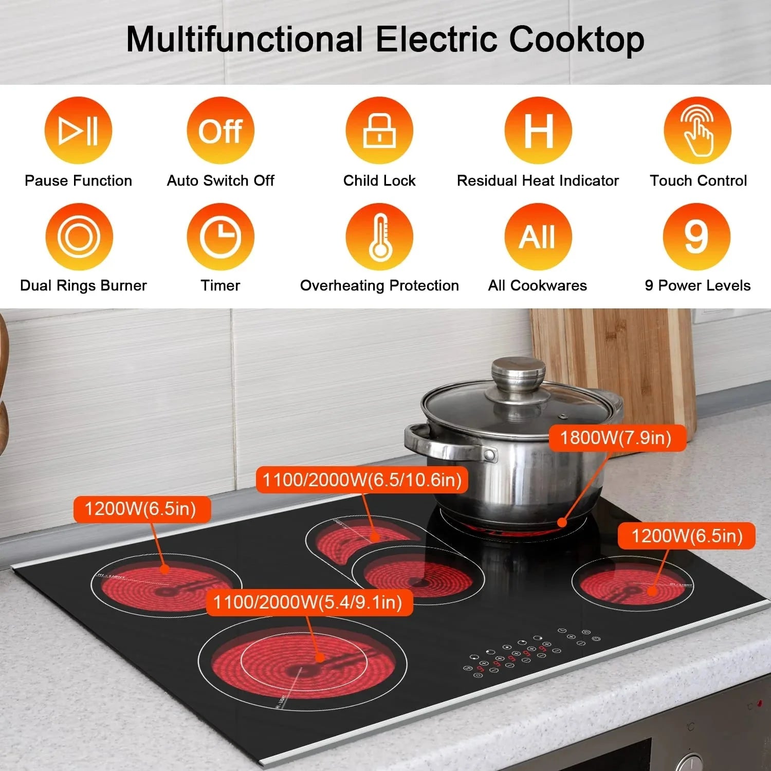 Karinear 8400W 30 Inch Electric Cooktop 5 Burners Ceramic Cooktop, 220-240V, Hard Wire, No Plug