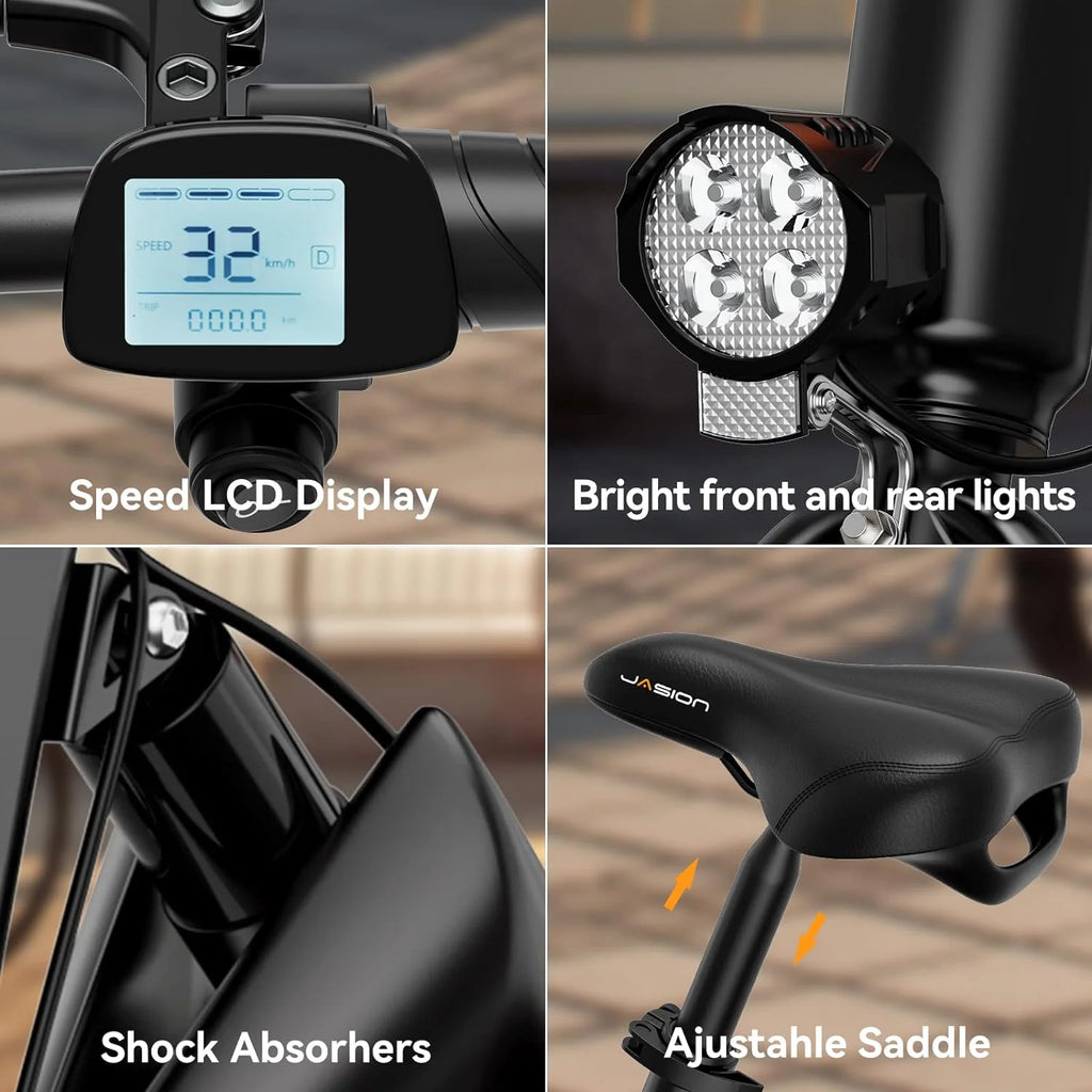 Jasion EB3 Electric Bike Adults 21mph, 500W Peak Motor, 270Wh Battery, Rear Suspension, 3 Levels Assist, 14′′ Folding Ebike for Adults and Teens, Complies to UL2849