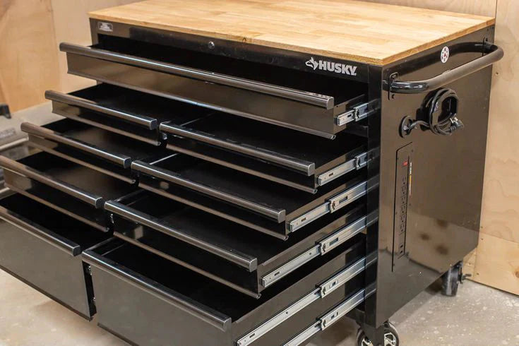 46-in W x 24.5-in D 9-Drawer Mobile Workbench with Hardwood Top and Power Station ?? Gloss Black