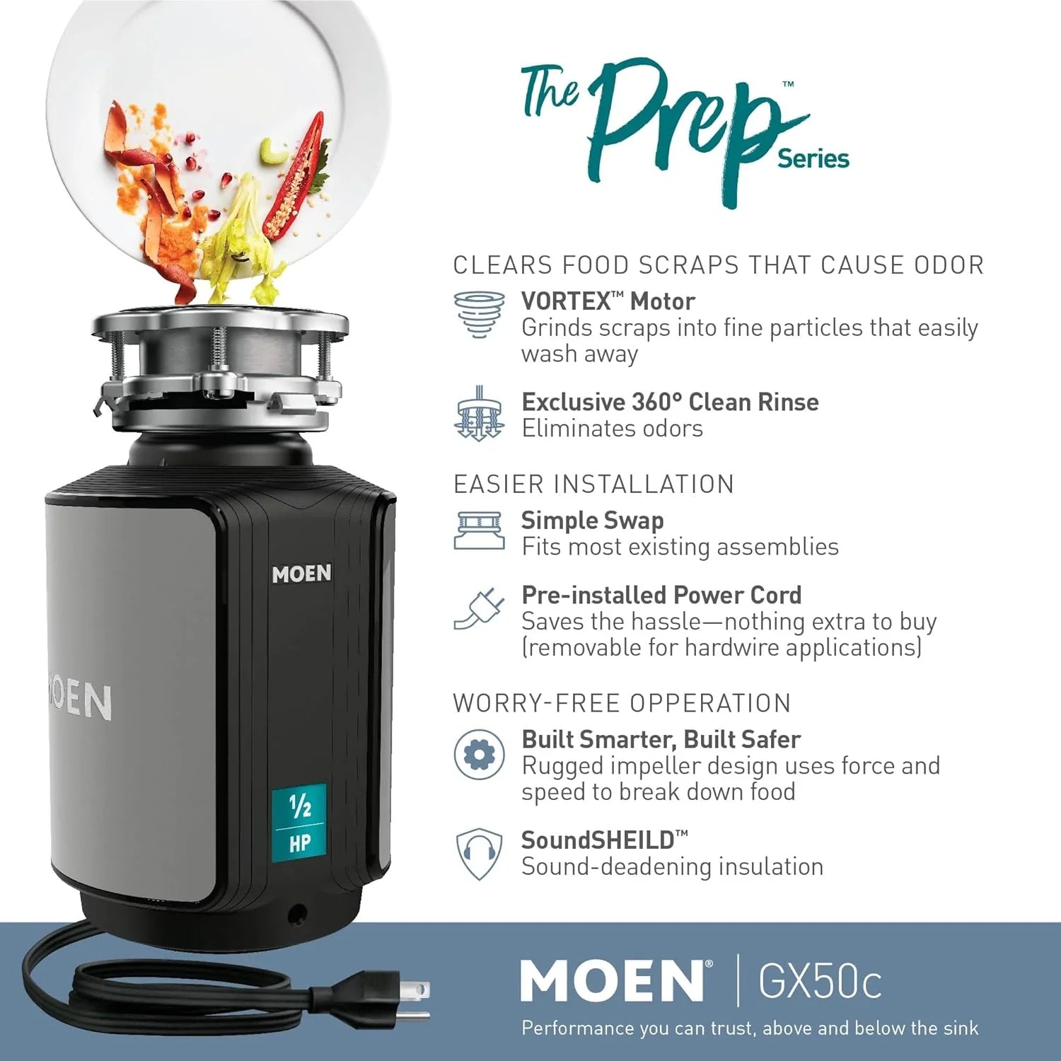 Disposer Prep Series 1/2 HP Continuous Feed Garbage Disposal with Sound Reduction, Power Cord Included