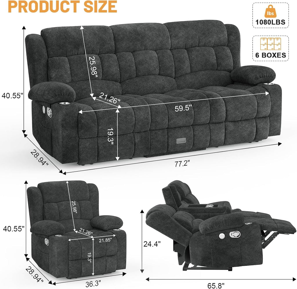 3 Seat Reclining Sofa with Storage Drawer USB Ports & Cup Holders Manual Couch