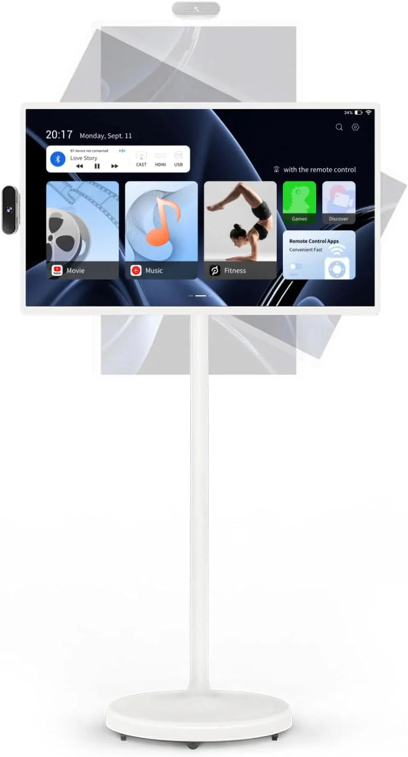 32-Inch Portable TV, 1080P FHD Rolling TV on Wheels with Rotatable Touch Screen, Android 13 OS, 8G RAM+128G Storage, Built-in Battery, Full Swivel Rotation, Voice Remote