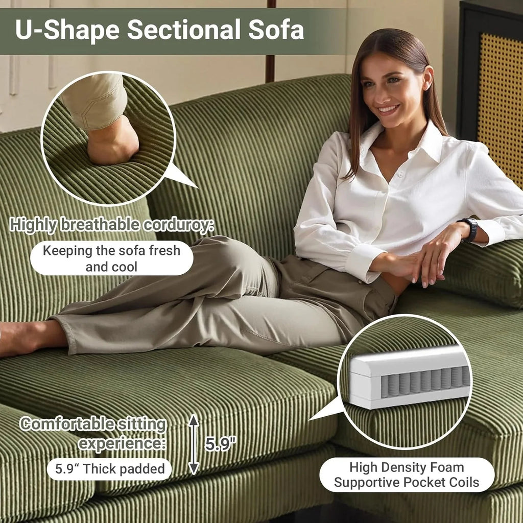 VINGLI 110 Sectional Couches for Living Room,U Shaped Couch with Double Chaise, 4-Seat Sofa Set with Chenille Fabric for Home Furniture,Beige