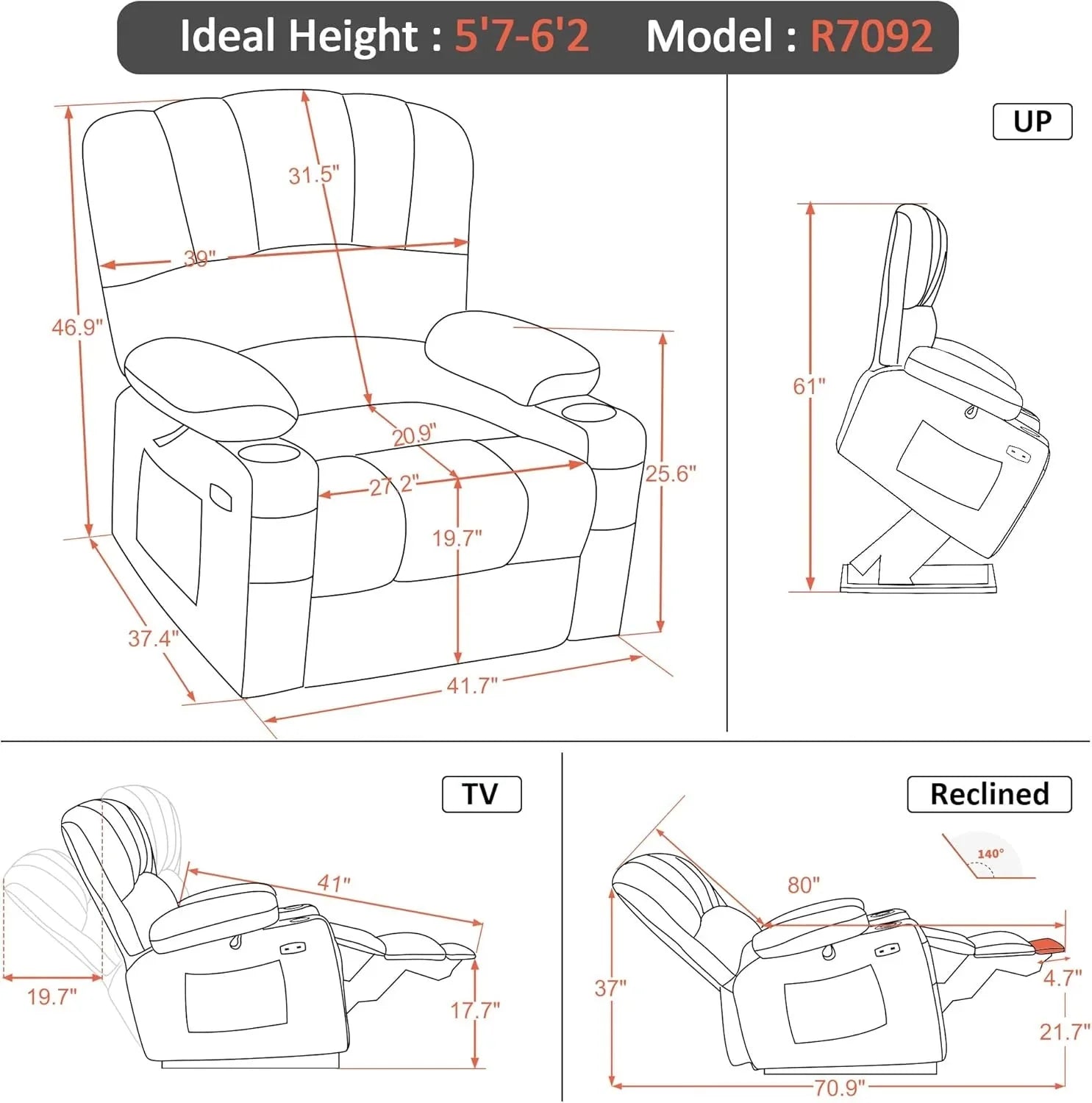 Heated Lift Recliner for Seniors with USB & Cup Holders