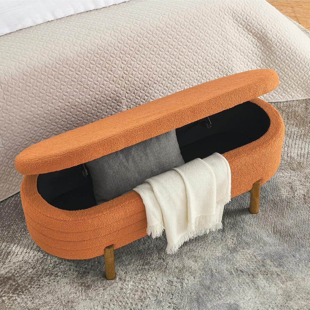 Furniliving Modern Storage Ottoman Bench, Sherpa Ottoman End of Bed Bench with Solid Wood Legs Upholstered Ottoman Benches with Storage Indoor Bench for Living Room with Rolled Arm, Entryway, White