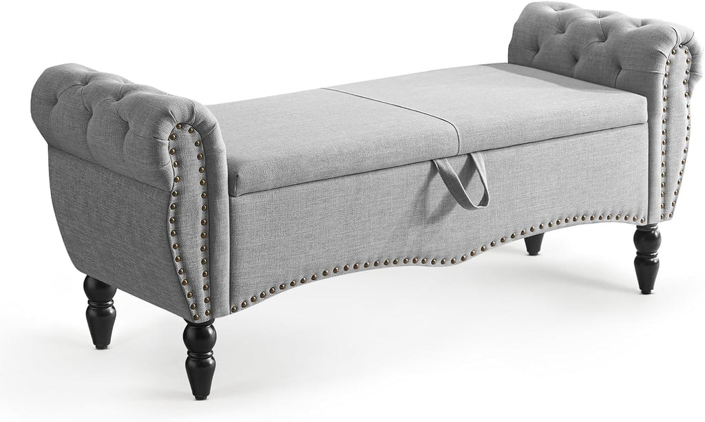 Furniliving Modern Storage Ottoman Bench, Sherpa Ottoman End of Bed Bench with Solid Wood Legs Upholstered Ottoman Benches with Storage Indoor Bench for Living Room with Rolled Arm, Entryway, White
