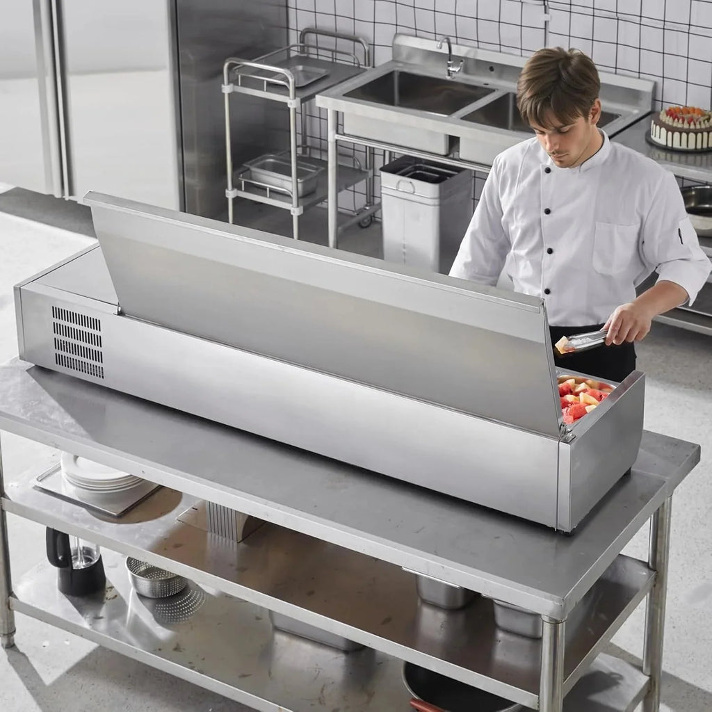 Refrigerated Condiment Prep Station, 135 W Countertop Refrigerated Condiment Station, with 2 1/3 Pans & 4 1/6 Pans, 304 Stainless Body and PC Lid, Sandwich Prep Table with Stainless Guard, ETL