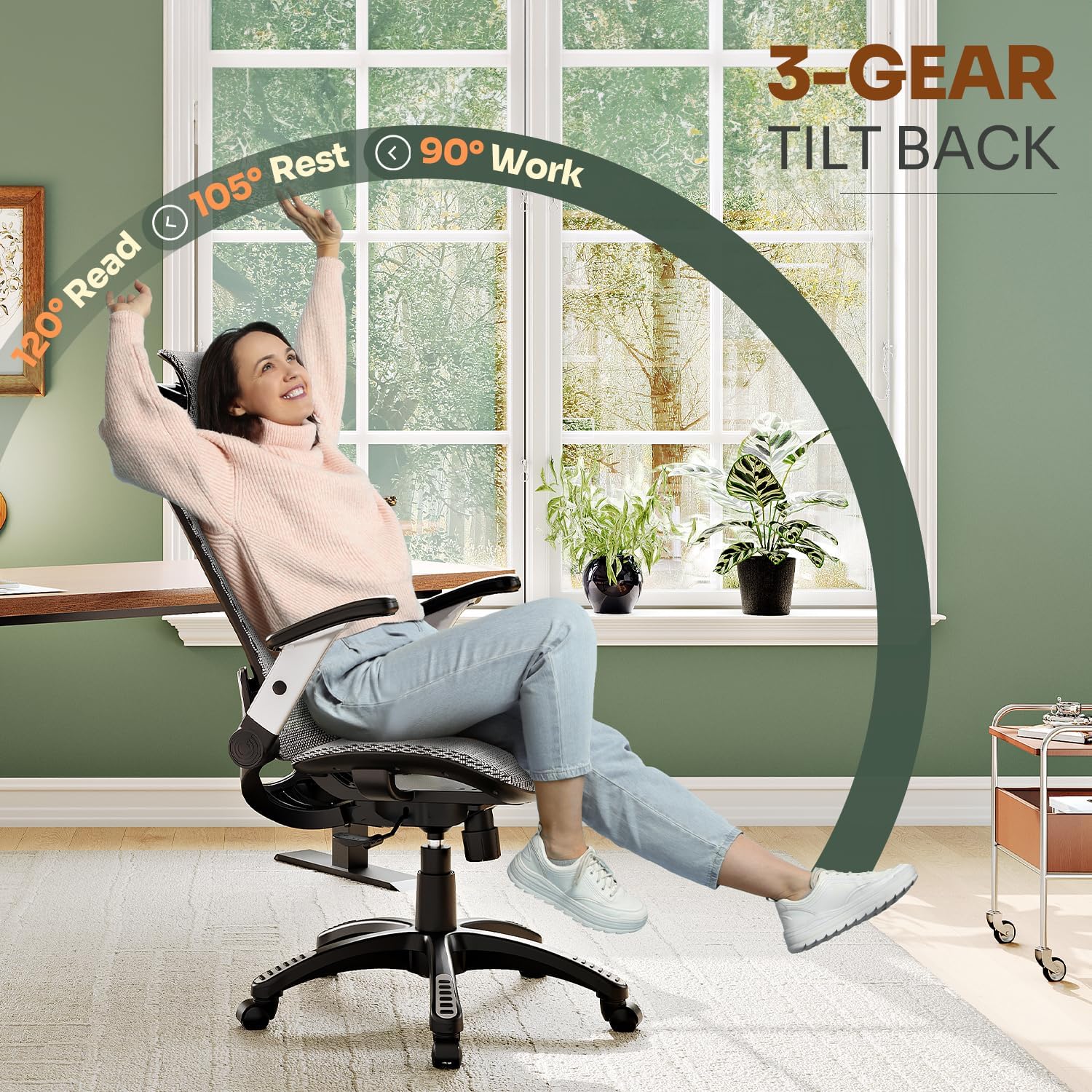 GABRYLLY Ergonomic Office Chair, High Back Home Desk Chair with Headrest, Flip-Up Arms, 90-120° Tilt Lock and Wide Cushion, Big and Tall Mesh Chairs for Man Woman, Black Task Chair