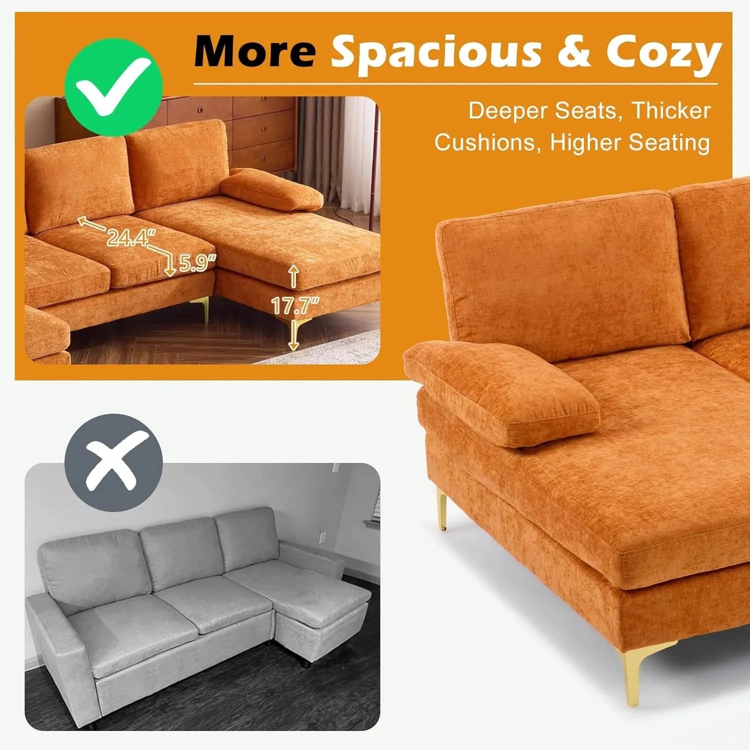 VINGLI 110 Sectional Couches for Living Room,U Shaped Couch with Double Chaise, 4-Seat Sofa Set with Chenille Fabric for Home Furniture,Beige