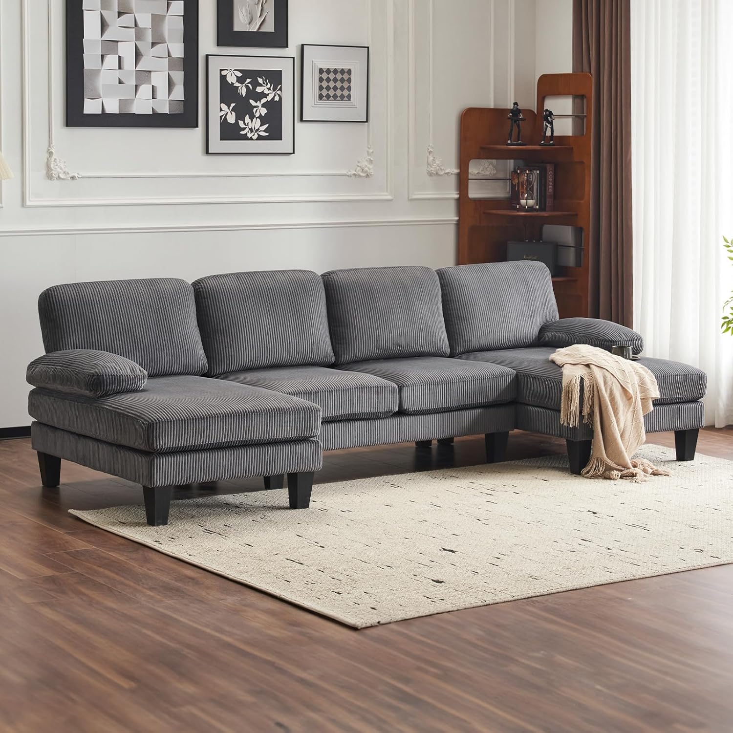 VINGLI 110 Sectional Couches for Living Room,U Shaped Couch with Double Chaise, 4-Seat Sofa Set with Chenille Fabric for Home Furniture,Beige