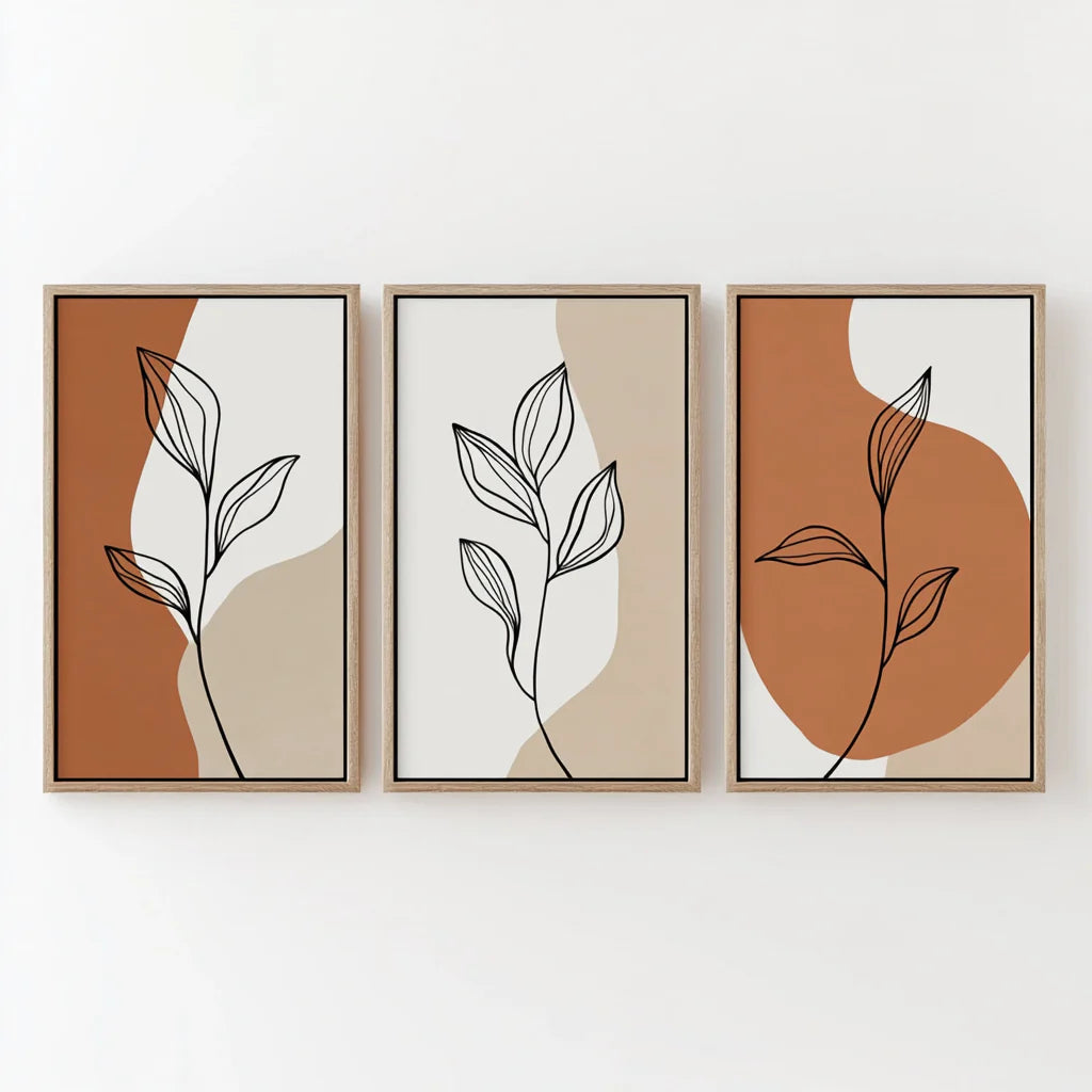 Set of 3 Boho Wall Art Prints - Minimalist Botanical Line Art - Light Oak Frames - Terracotta & Cream Decor for Bedroom, Bathroom & Gallery Wall