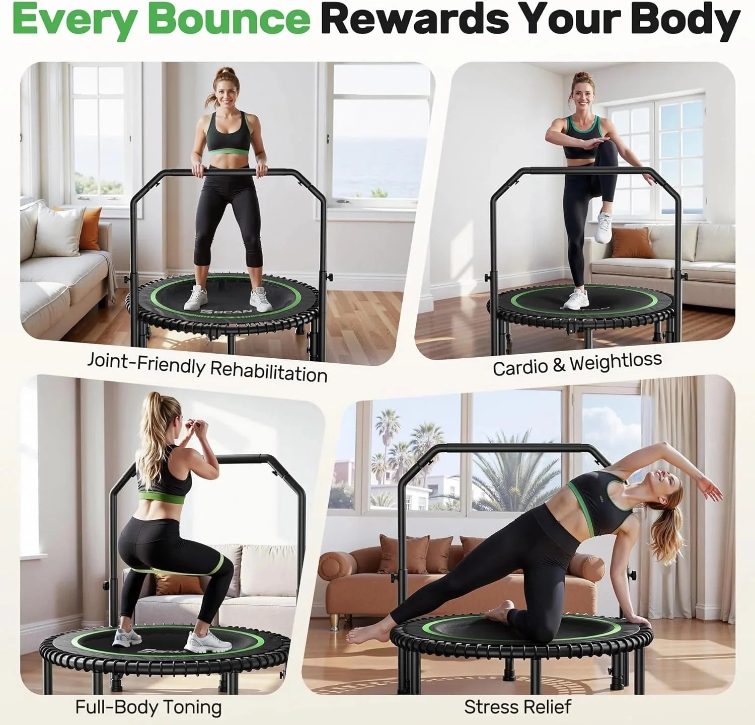 BCAN 450/550 LBS Foldable Mini Trampoline, 40/48 Fitness Trampoline with Bungees, U Shape Adjustable Foam Handle, Stable & Quiet Exercise Rebounder for Adults Indoor/Outdoor Workout