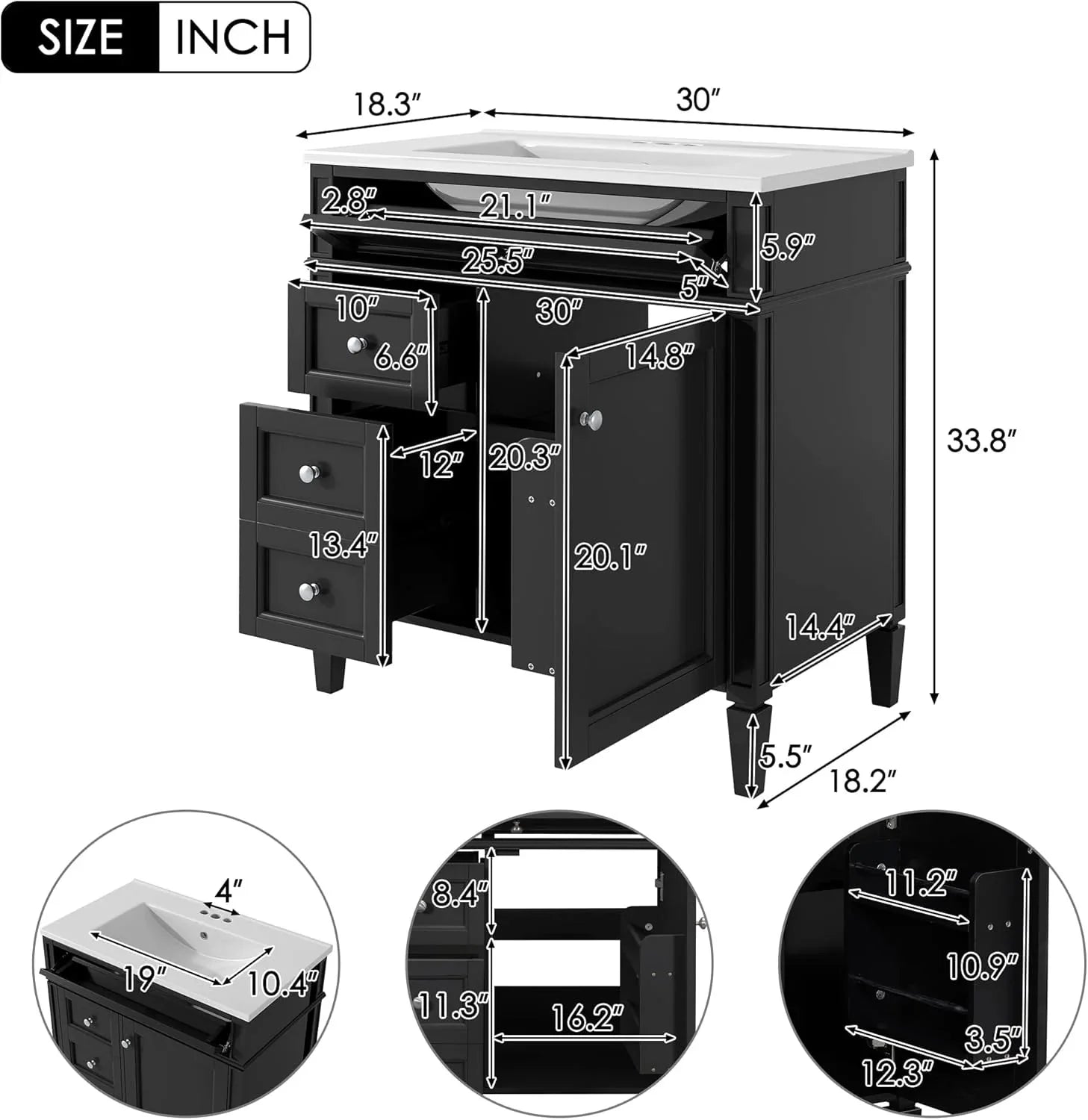 36 Bathroom Vanity with Single Sink Combo, Modern Undermount Bathroom Sink Cabinet with 2 Drawers and a Tip-Out Drawer, Freestanding Bathroom Vanities, Soft Closing, Solid Wood Frame