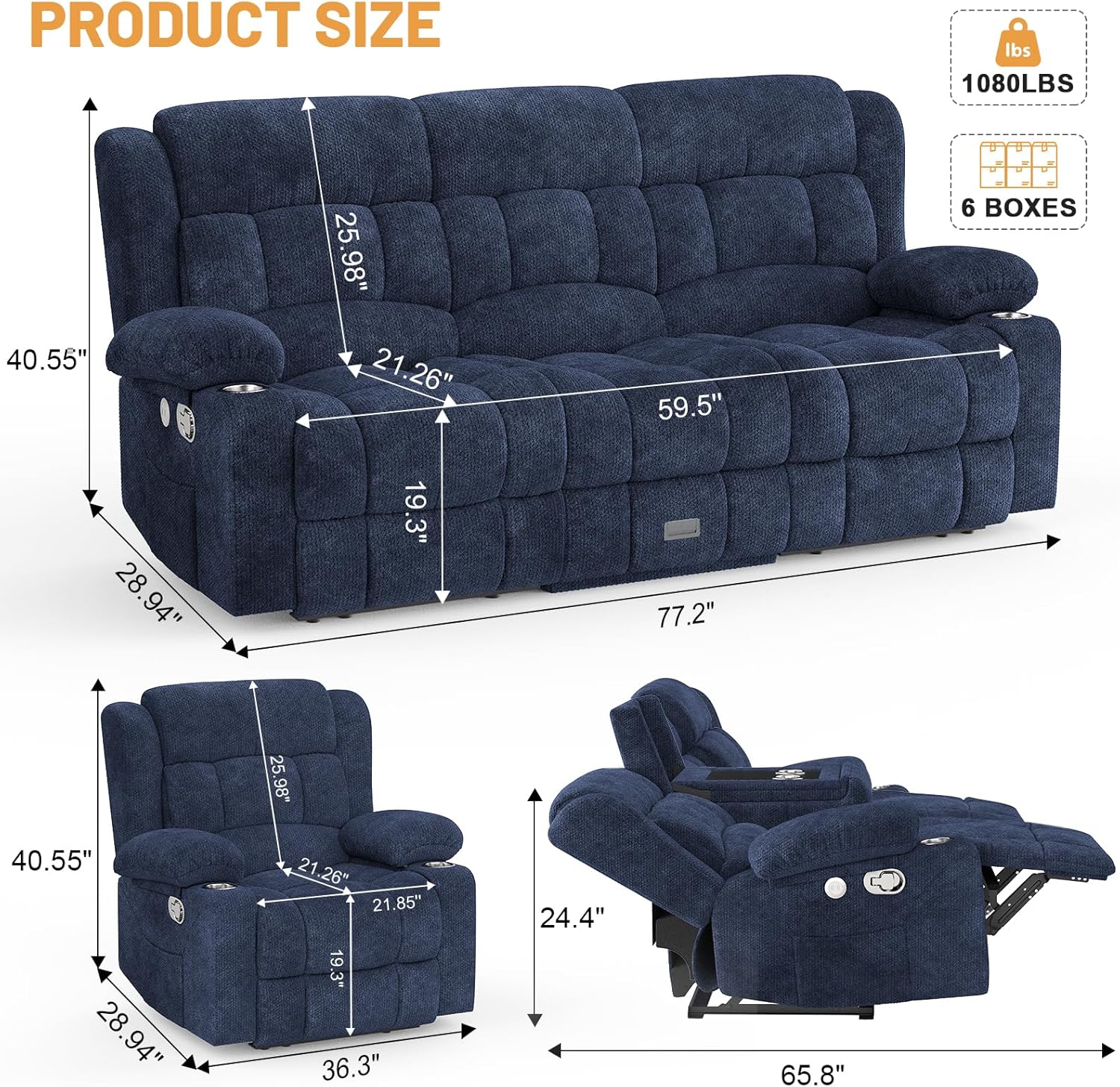 3 Seat Reclining Sofa with Storage Drawer USB Ports & Cup Holders Manual Couch