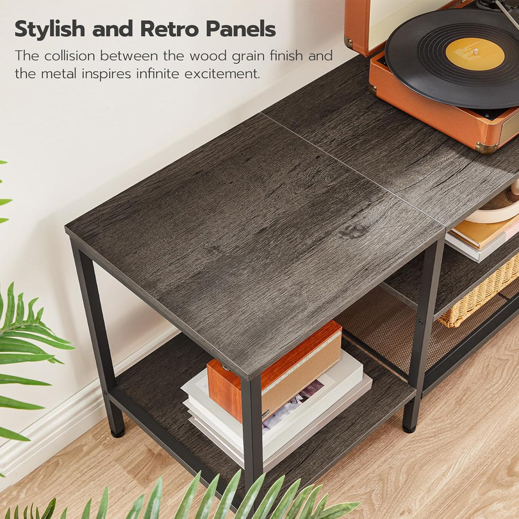 TV Stand with Power Outlets to 75 Inches, TV Console Table with Open Storage Shelves Cabinet, Industrial Media Entertainment Center for Living Room Bedroom, Rustic Brown and Black BF60DS01
