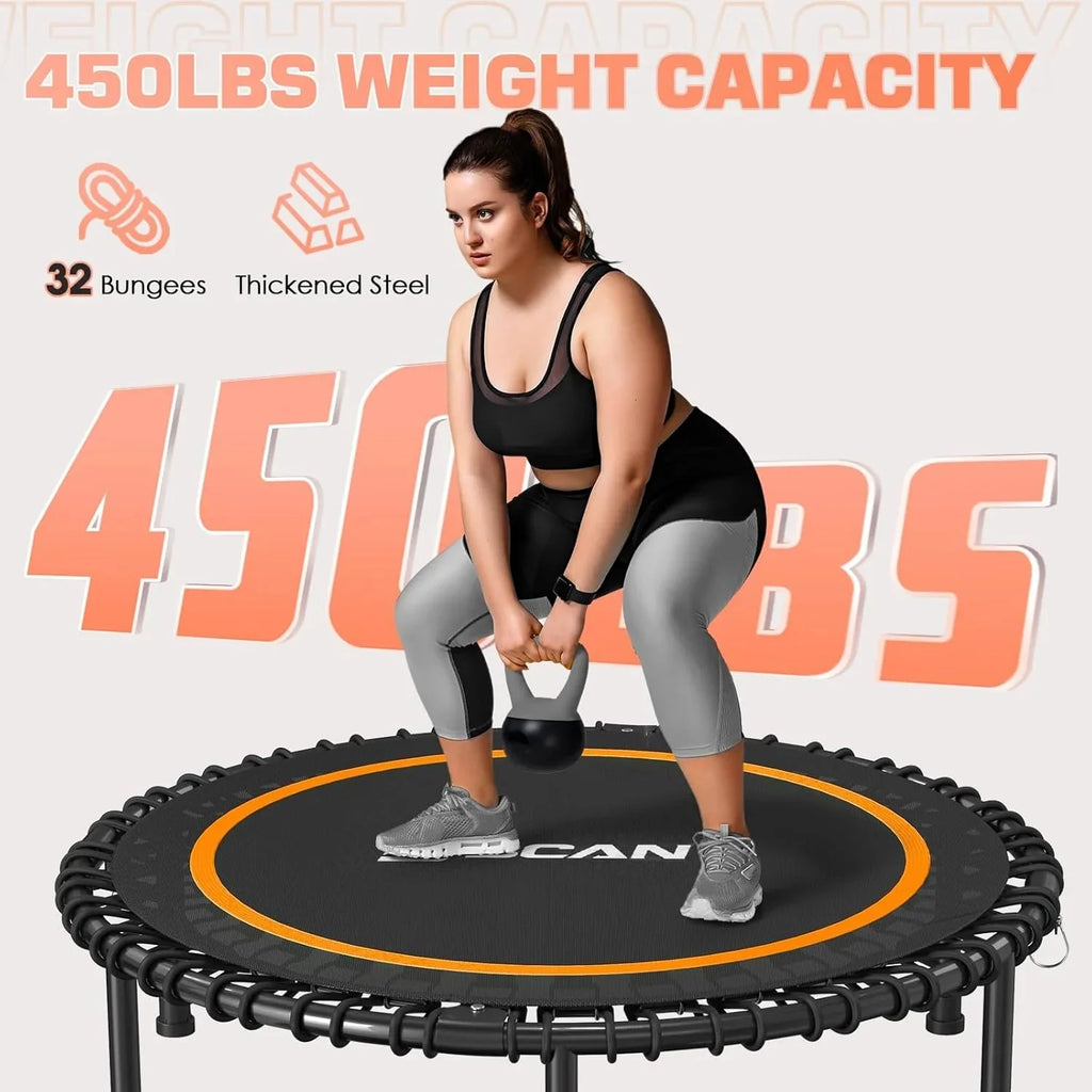 BCAN 450/550 LBS Foldable Mini Trampoline, 40/48 Fitness Trampoline with Bungees, U Shape Adjustable Foam Handle, Stable & Quiet Exercise Rebounder for Adults Indoor/Outdoor Workout