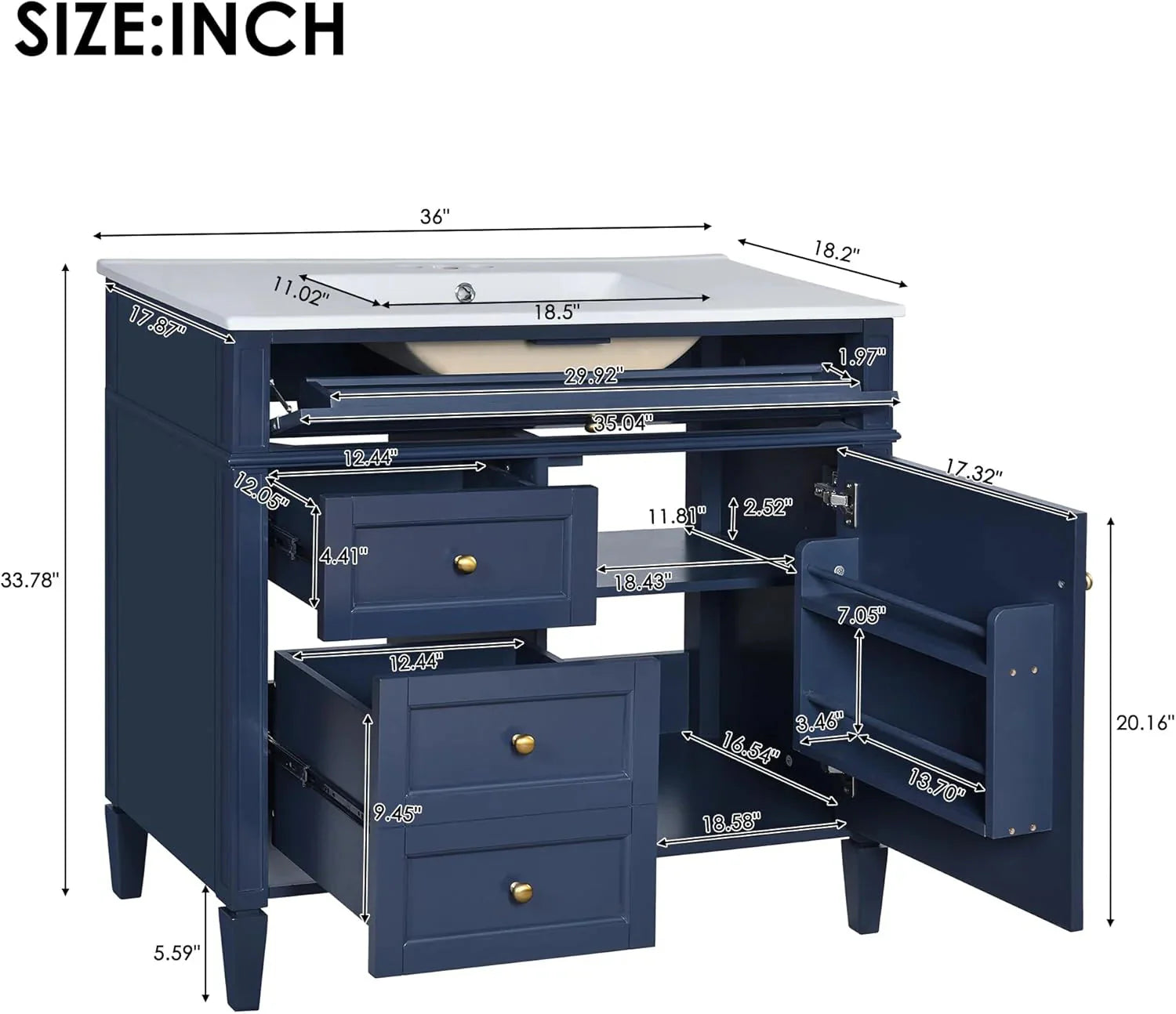 36 Bathroom Vanity with Single Sink Combo, Modern Undermount Bathroom Sink Cabinet with 2 Drawers and a Tip-Out Drawer, Freestanding Bathroom Vanities, Soft Closing, Solid Wood Frame