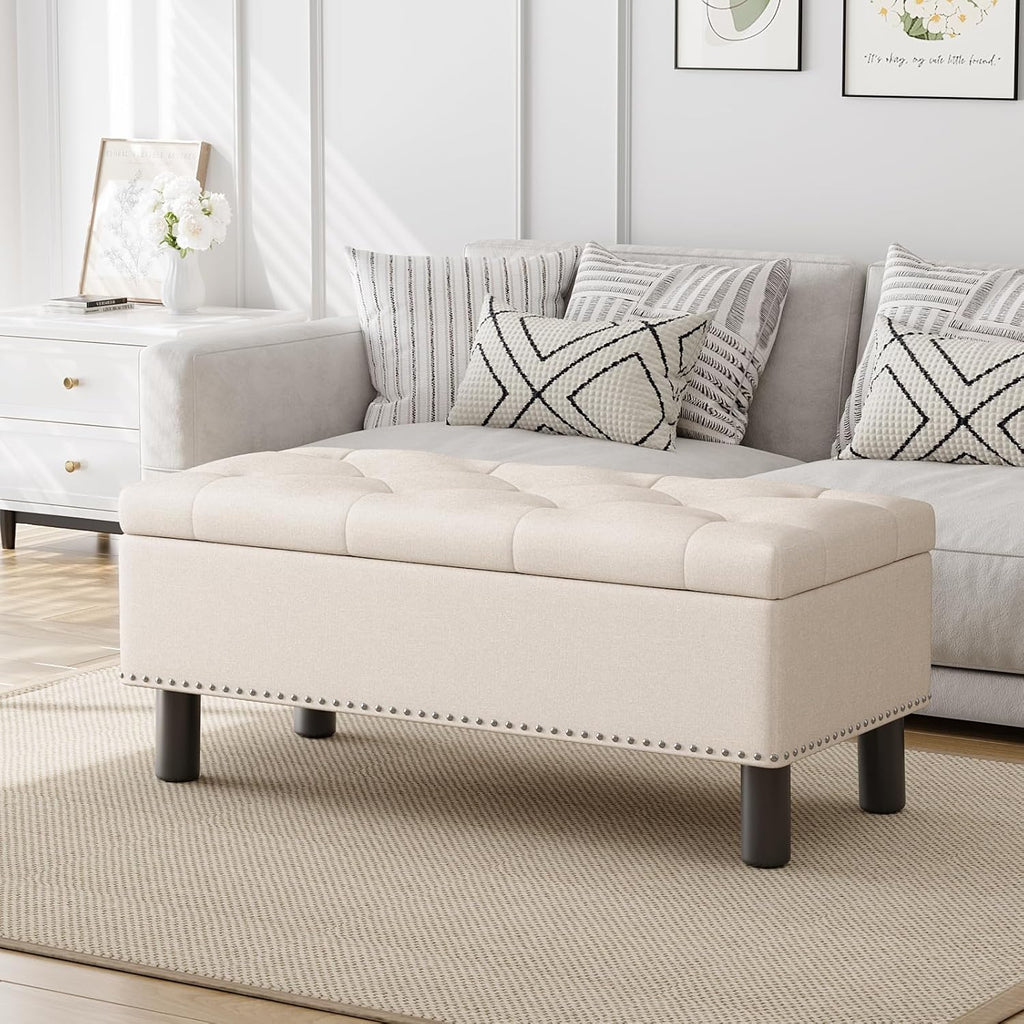 Furniliving Modern Storage Ottoman Bench, Sherpa Ottoman End of Bed Bench with Solid Wood Legs Upholstered Ottoman Benches with Storage Indoor Bench for Living Room with Rolled Arm, Entryway, White