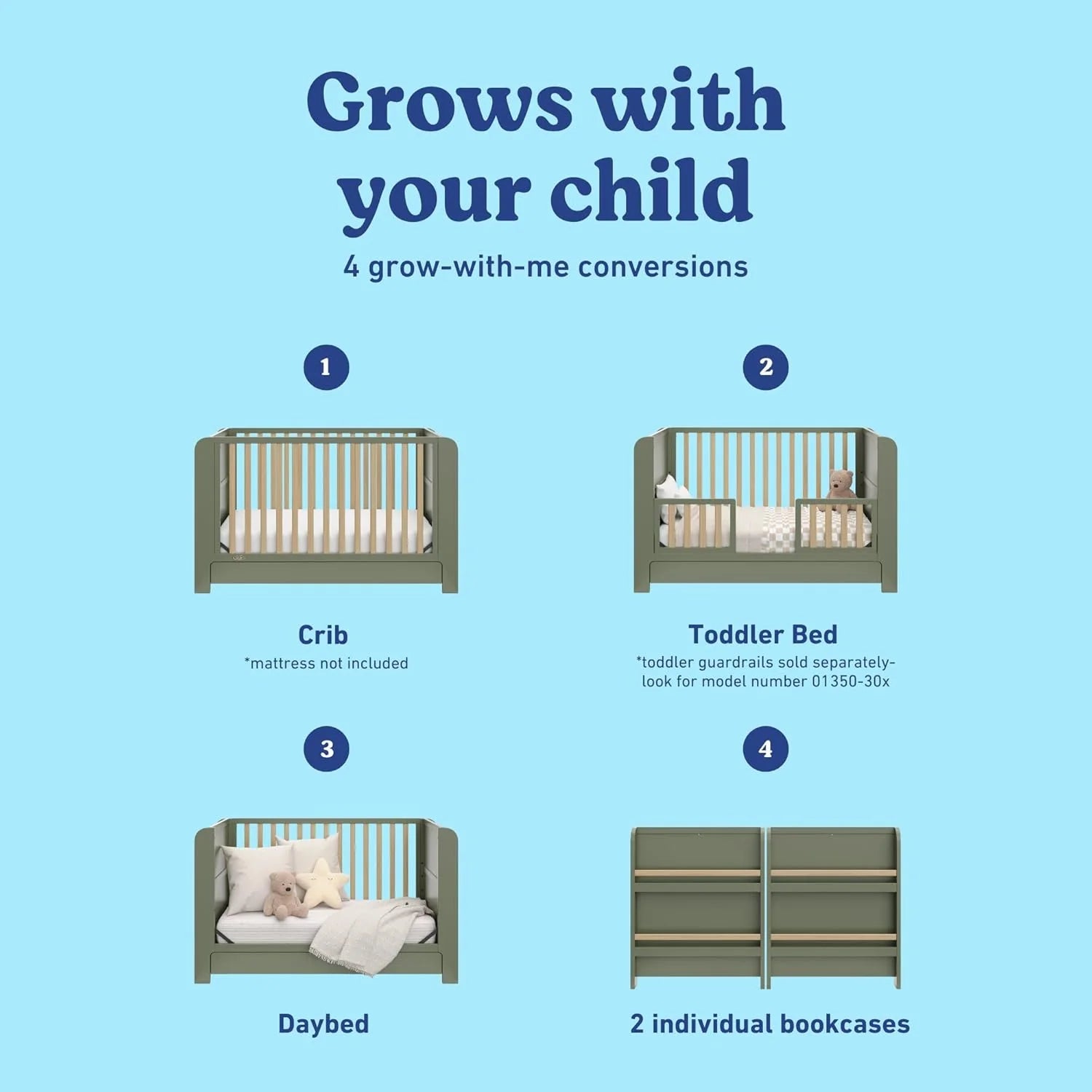 Graco Read-with-Me 4-in-1 Convertible Crib with Drawer, Olive/Driftwood