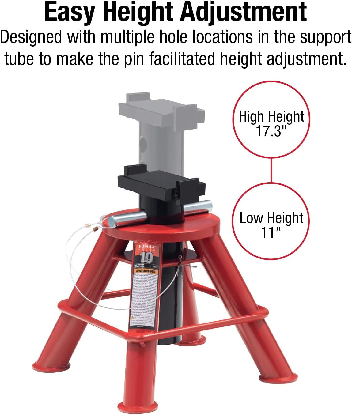 10-Ton Medium Height Pin Type Jack Stands, Pair, Red