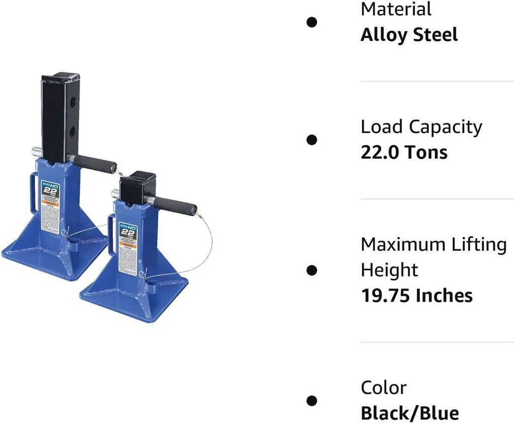 HD61222 22 Ton Automotive Jack Stands for Garages, Repair Shops, and DIY, Pin Style, V Shaped Saddle, Heavy Duty Steel Frame, Adjustable Height 11.825- 19.725, Black/Blue, Pair