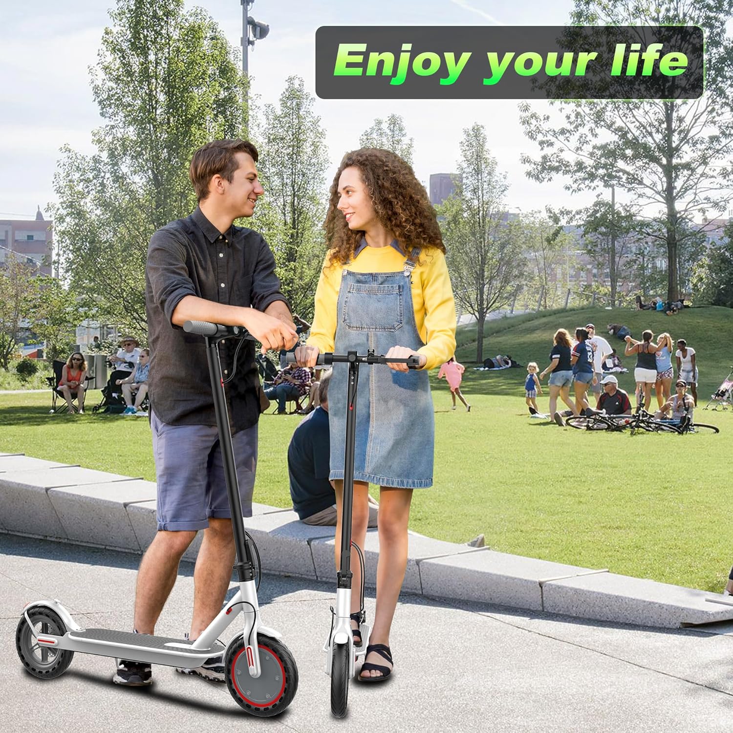 Electric Scooter - 8.5 Solid Tires, 350W Motor, Up to 19 MPH and 21-23 Miles Long-Range Portable Foldable Commuting Scooter for Adults with Double Braking System and App