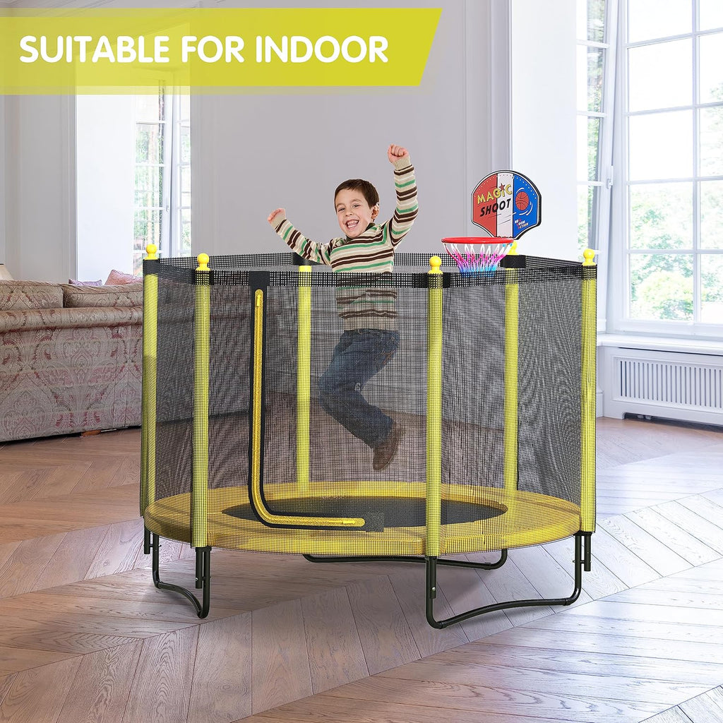 60 Kids Trampoline with Safety Enclosure Net, 5FT Toddler Indoor & Outdoor Trampoline/w Basketball Hoop - Parent-Child Interactive Game Fitness Trampoline Toy Gift for Boys and Girls Age 1-8