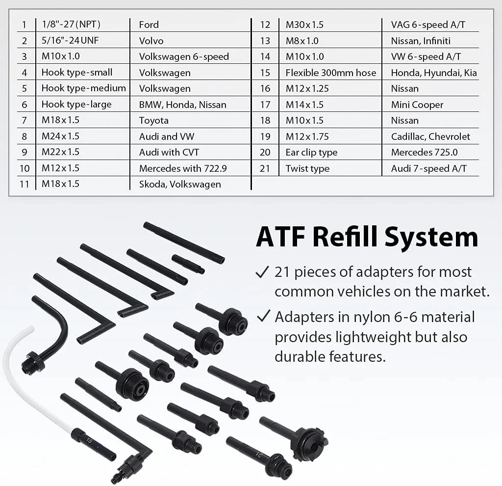 A1139HNUS Patented 12.5L Automatic Transmission Fluid Pump for ATF Filler System with 21 Pieces Taiwan-ATF Filling Adapters, Pneumatic and Manual Operation for Refilling Use