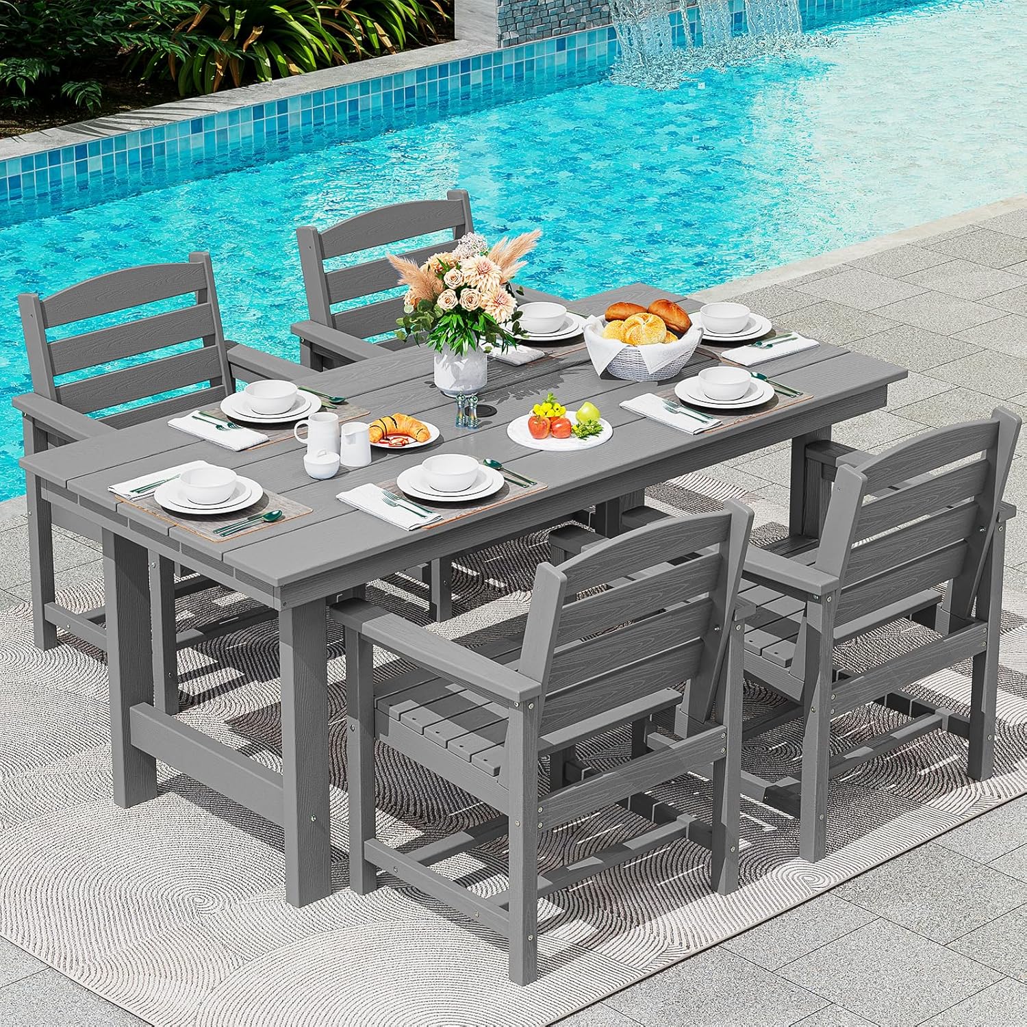 SERWALL 7-Piece Patio Table Set, Outdoor HDPE Dining Furniture with Umbrella Hole, All Weather Table and Chairs for Lawn, Garden, Poolside, Aruba