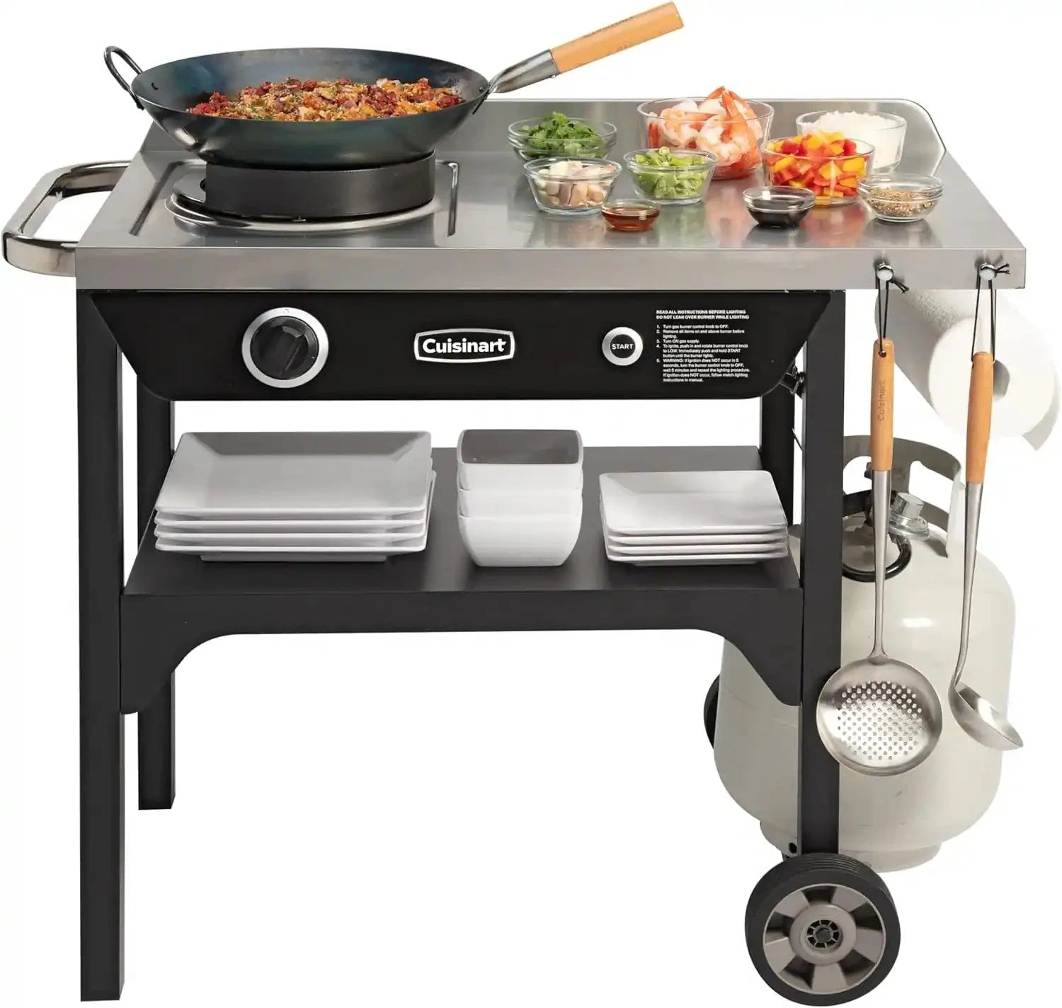 Cuisinart Outdoor Wok Station, 50,000 BTU Propane Outdoor Wok Burner w Prep Table, 14锟芥?锟斤拷 Carbon Steel Wok for Stir Fry, Searing, BBQ 锟斤拷 Black
