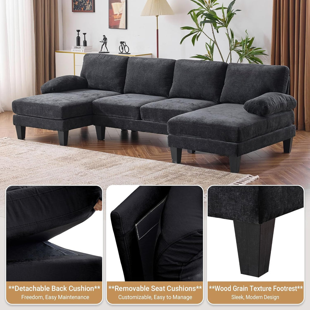 VINGLI 110 Sectional Couches for Living Room,U Shaped Couch with Double Chaise, 4-Seat Sofa Set with Chenille Fabric for Home Furniture,Beige