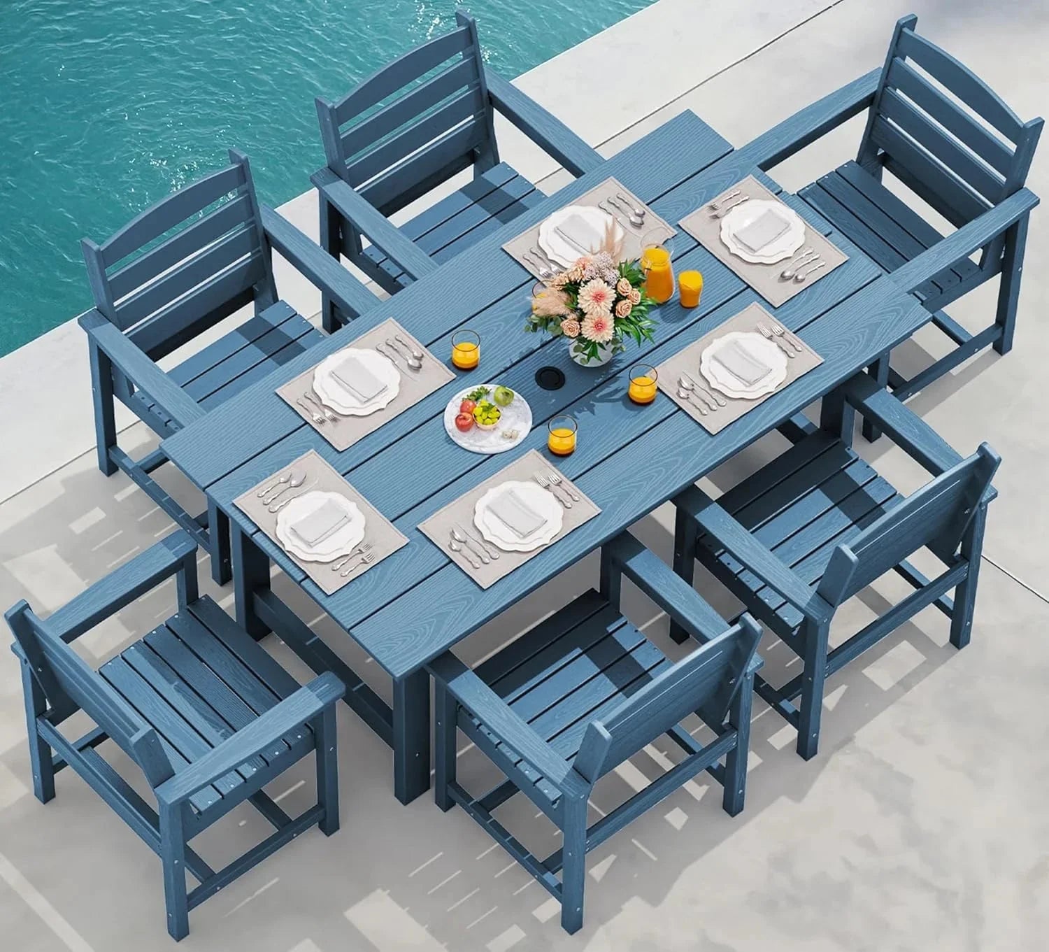 SERWALL 7-Piece Patio Table Set, Outdoor HDPE Dining Furniture with Umbrella Hole, All Weather Table and Chairs for Lawn, Garden, Poolside, Aruba
