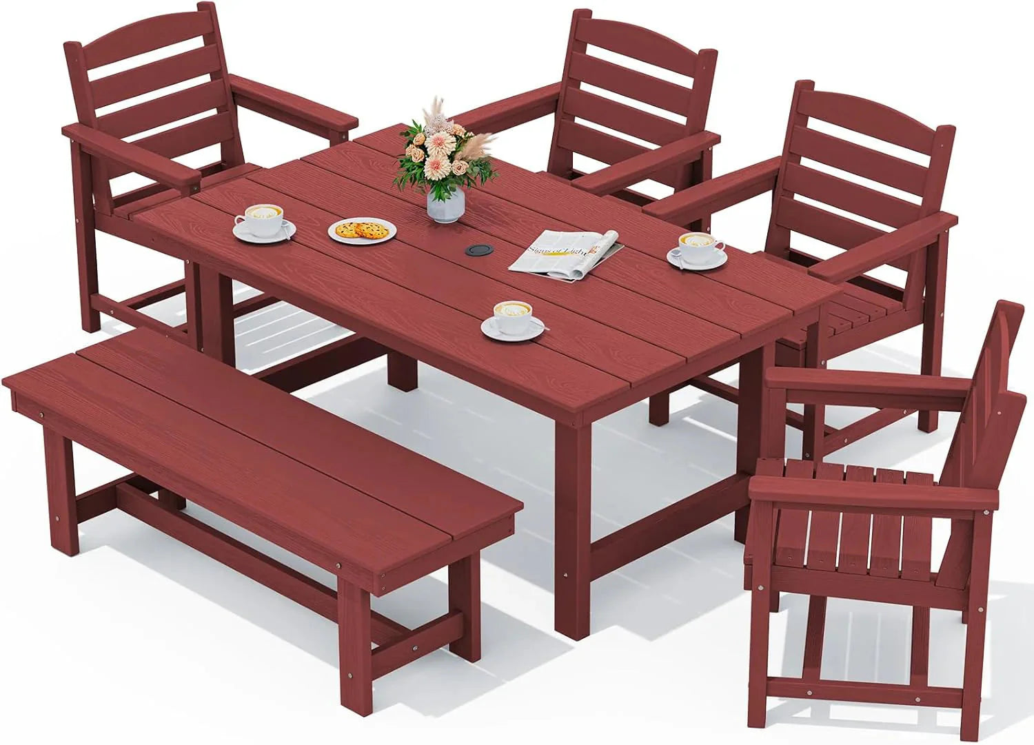 SERWALL 7-Piece Patio Table Set, Outdoor HDPE Dining Furniture with Umbrella Hole, All Weather Table and Chairs for Lawn, Garden, Poolside, Aruba