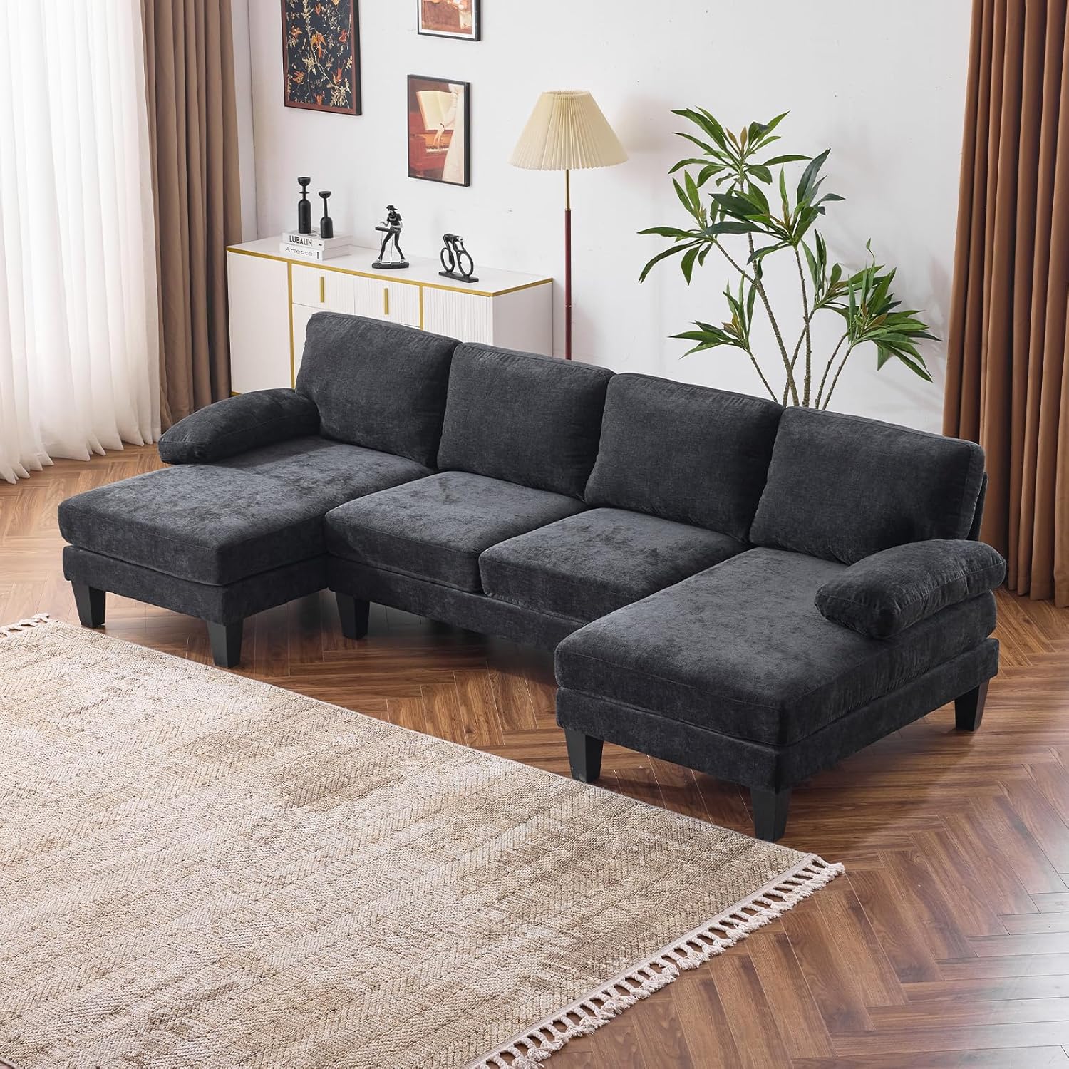 VINGLI 110 Sectional Couches for Living Room,U Shaped Couch with Double Chaise, 4-Seat Sofa Set with Chenille Fabric for Home Furniture,Beige