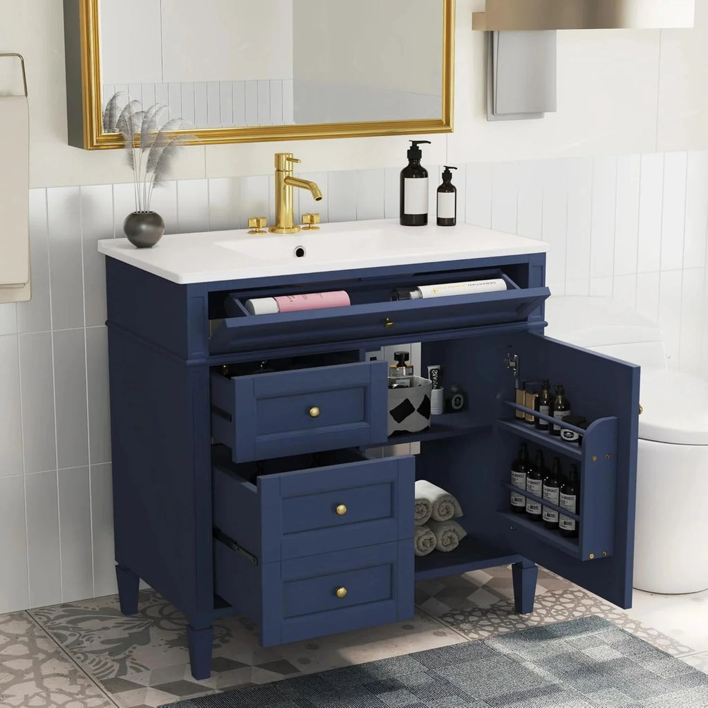 36 Bathroom Vanity with Single Sink Combo, Modern Undermount Bathroom Sink Cabinet with 2 Drawers and a Tip-Out Drawer, Freestanding Bathroom Vanities, Soft Closing, Solid Wood Frame