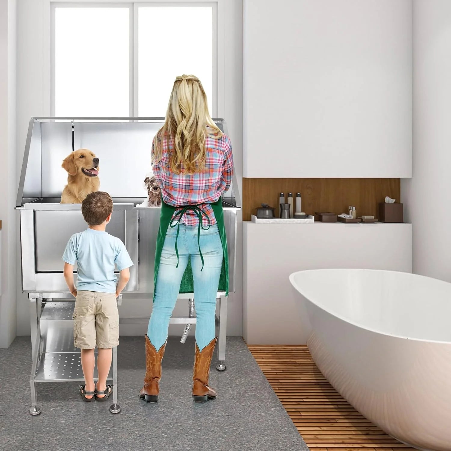 50 Dog Wash Bathtub, Pet Wash Station, Professional Stainless Steel Dog Grooming Tub with Ramp, Faucet, Sprayer, Drain Kit, Right Door