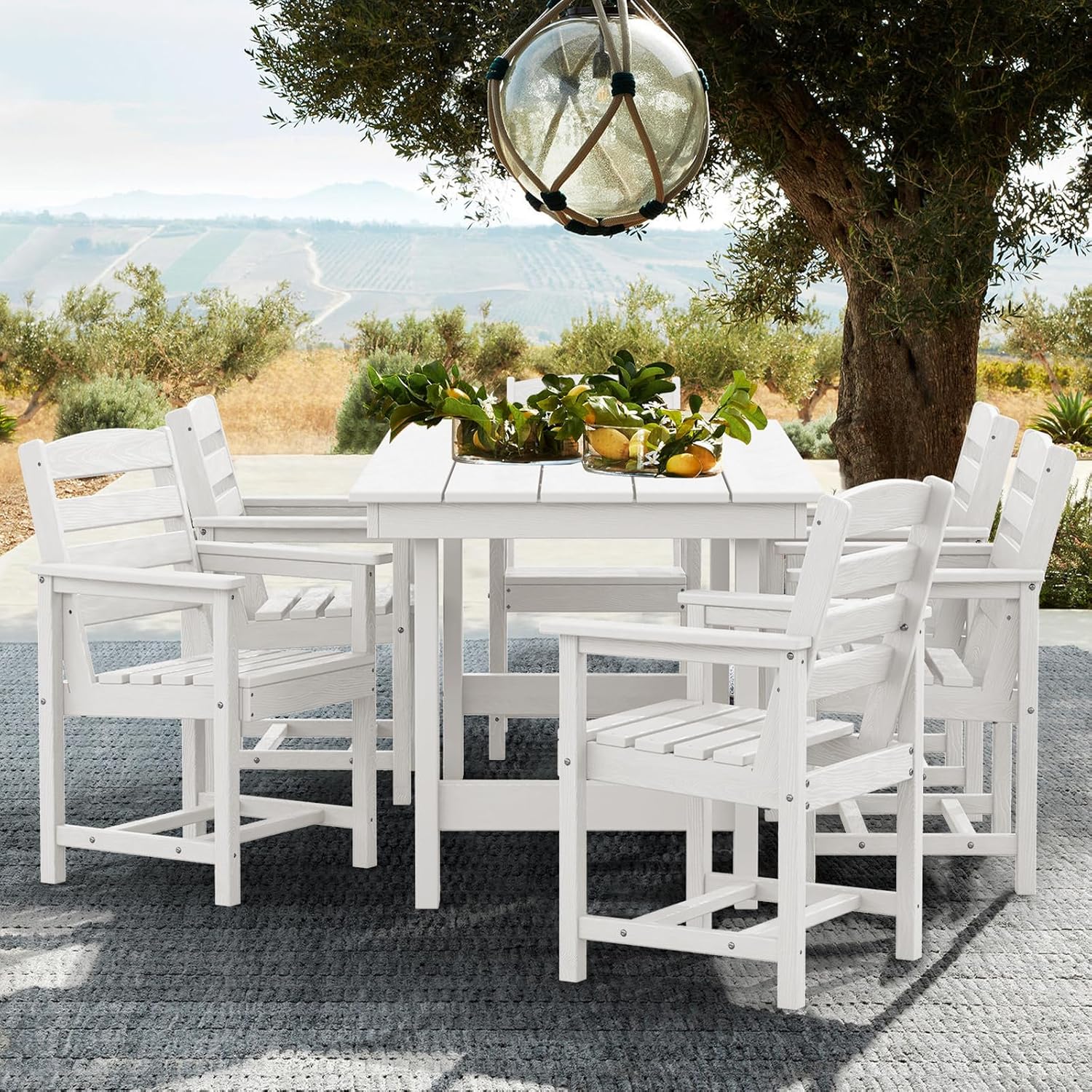 SERWALL 7-Piece Patio Table Set, Outdoor HDPE Dining Furniture with Umbrella Hole, All Weather Table and Chairs for Lawn, Garden, Poolside, Aruba