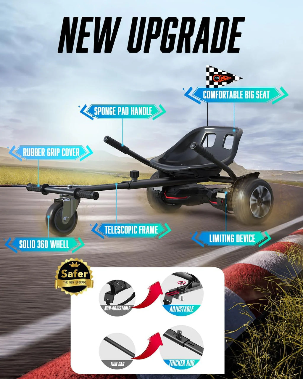 Hoverboard Go Kart with Rear Shock Absorption, Hoverboard Seat Attachment Accessory for 6 to 10 Hoverboard, Adjustable Frame Length & Off-Road Rubber Wheel (Not Including Hoverboard