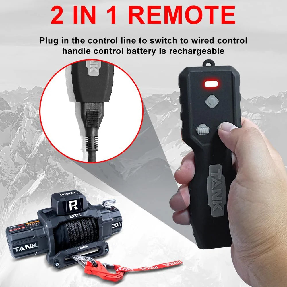 13500lb Waterproof Electric Red Synthetic Rope Winch with Hawse Fairlead, Wired Handle and 2 Wireless Remote (RED)