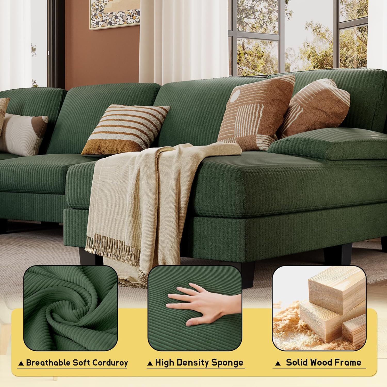 JUMMICO Sectional Couches for Living Room, U Shaped Couch with Chenille Fabric, 4 Seat Modern Sofa with Removable Pillows for Apartment and Small Space (Fabric, Grey)
