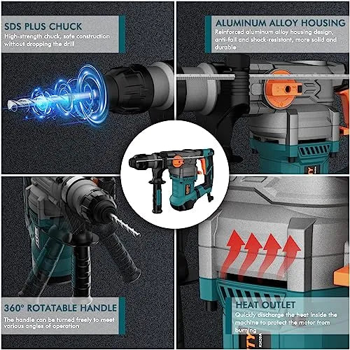 GLORITY Heavy Duty Rotary Hammer Drill with Aluminum Alloy Housing, 5 Drill Bits