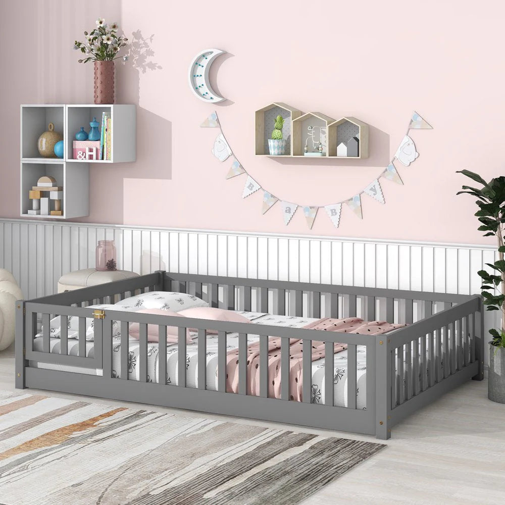 Uhomepro Full Size Kids Floor Bed with Fence & Door, Pine Wood, Playhouse Design